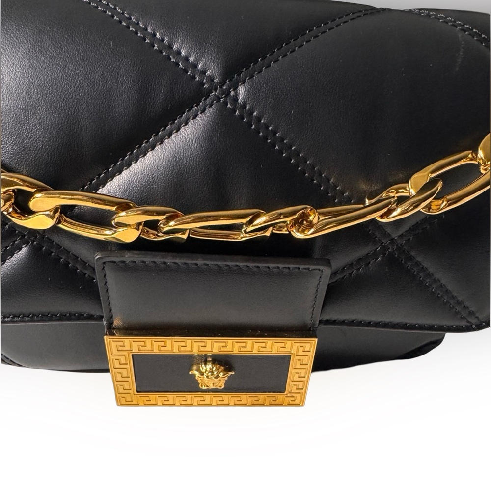 Versace La Medusa Black Quilted Calfskin Shoulder Bag - Gold Greca Hardware - Picture 2 of 13